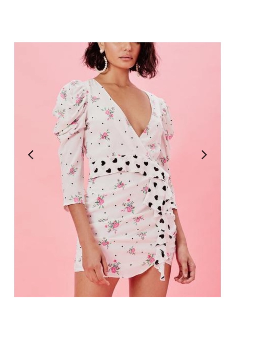 For Love & Lemons White Floral Wrap Dress with Pink Roses and Black Polka Dots